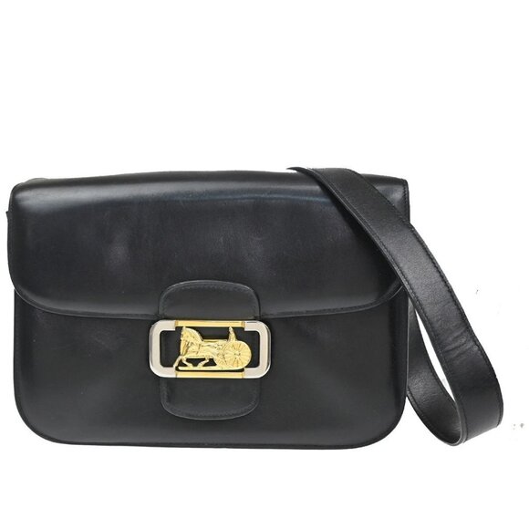 CELINE Logo Horse Carriage Shoulder Bag Leather Black GHW Italy 71KB158 - Picture 1 of 16